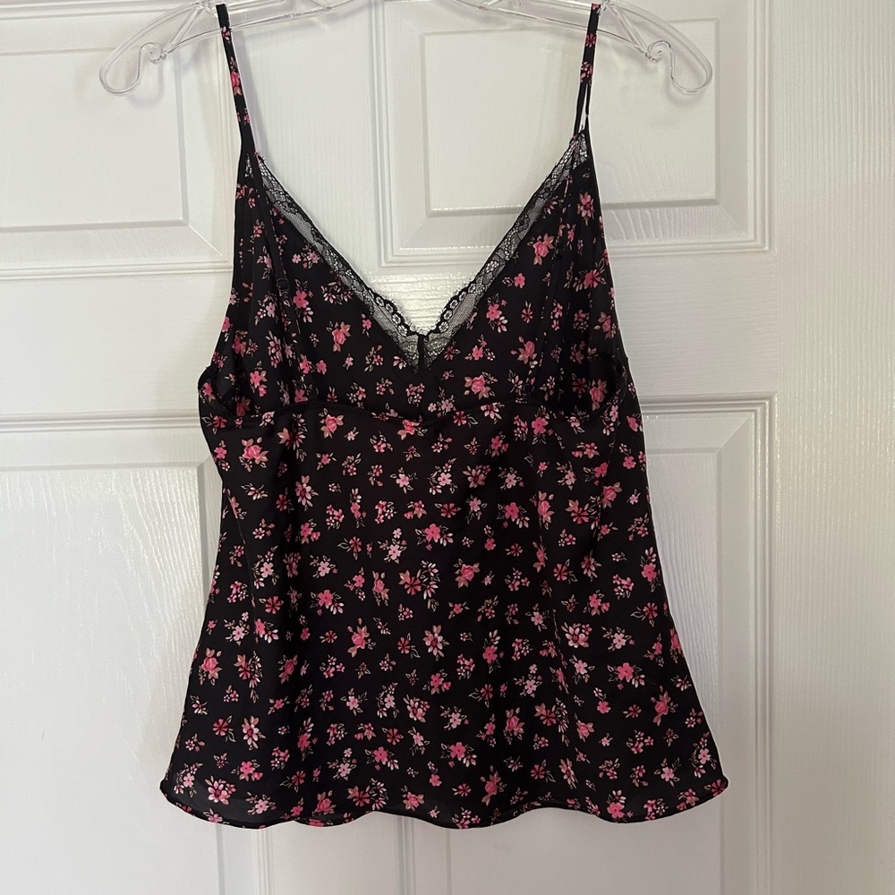 Victoria’s Secret 100% Polyester Camisole Top Size L Black With Pink Floral